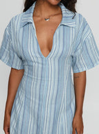 Wylla V Neck Linen Mini Dress Blue Stripe