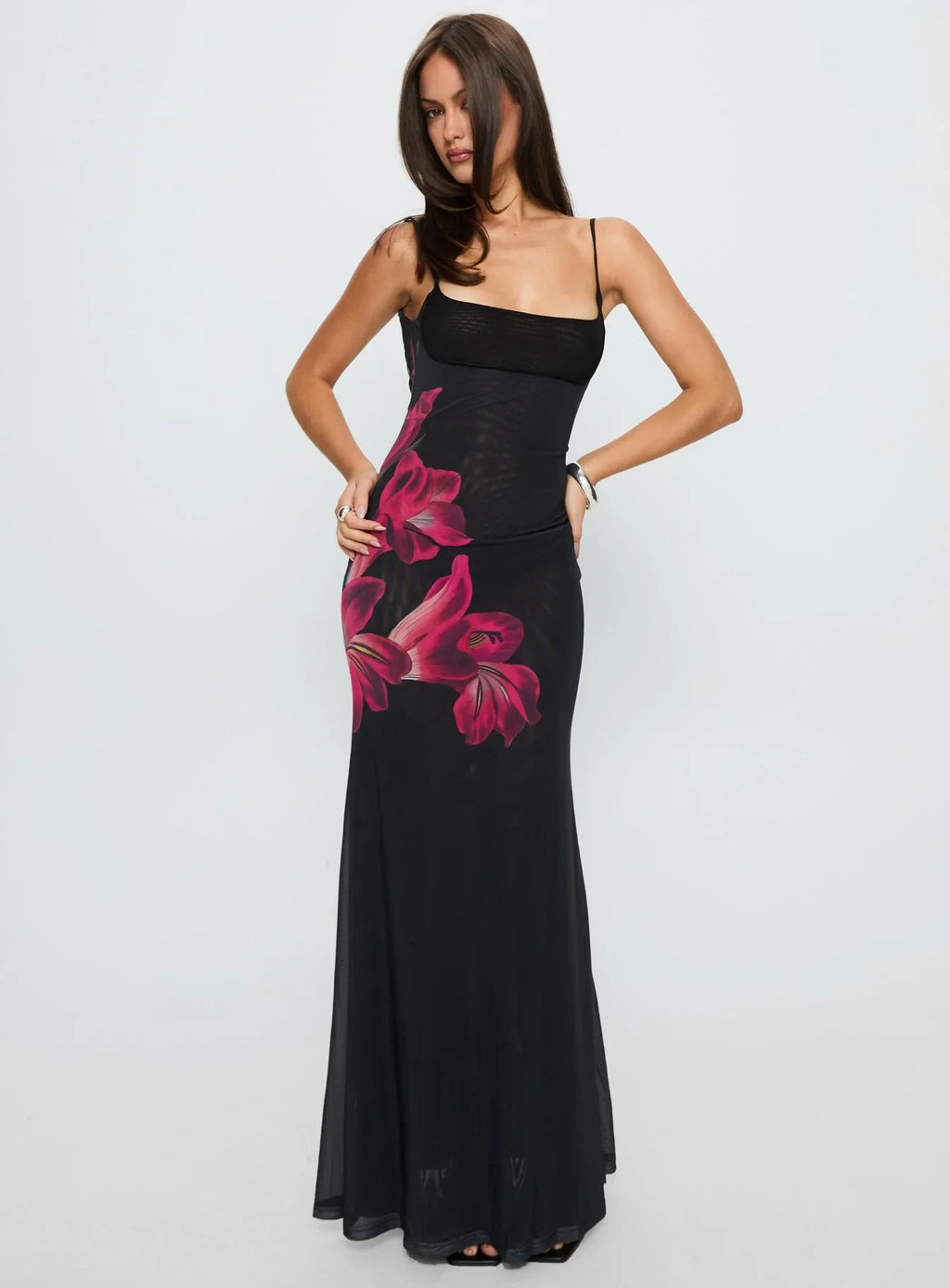 Fiadora Mesh Maxi Dress Black Floral