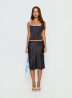 Somani Satin Midi Skirt Black Polka Dot