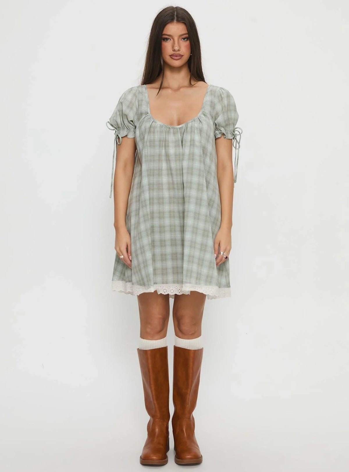 Embracing Puff Sleeve Swing Mini Dress Blue Check