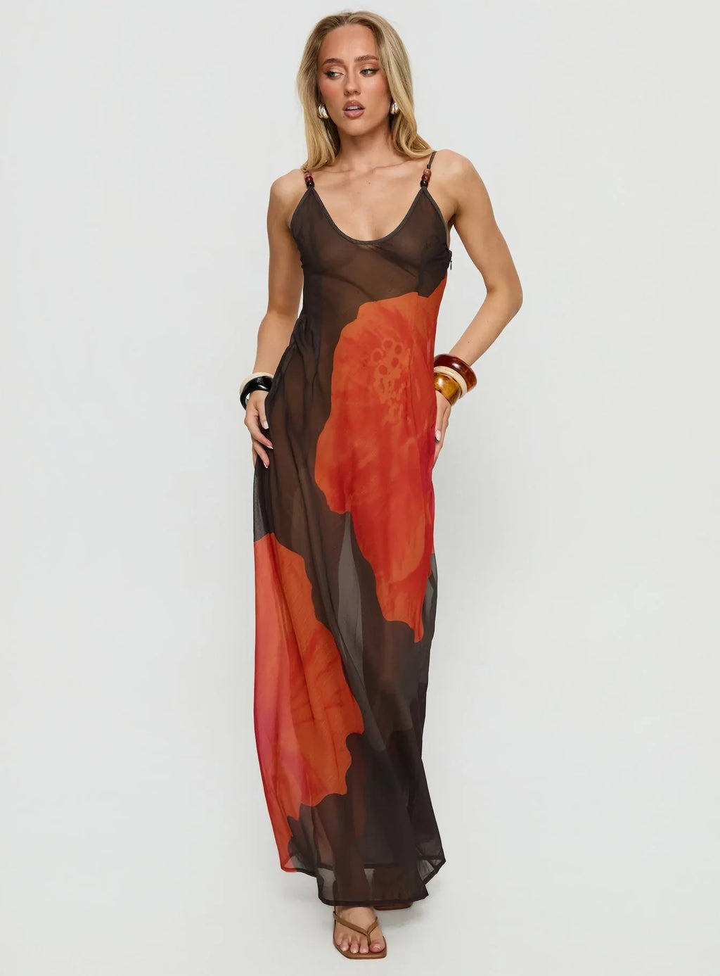 Carita Sheer Chiffon Maxi Dress Brown Orange Floral