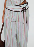 Taylar Thick Waistband Tie Pants Green Stripe