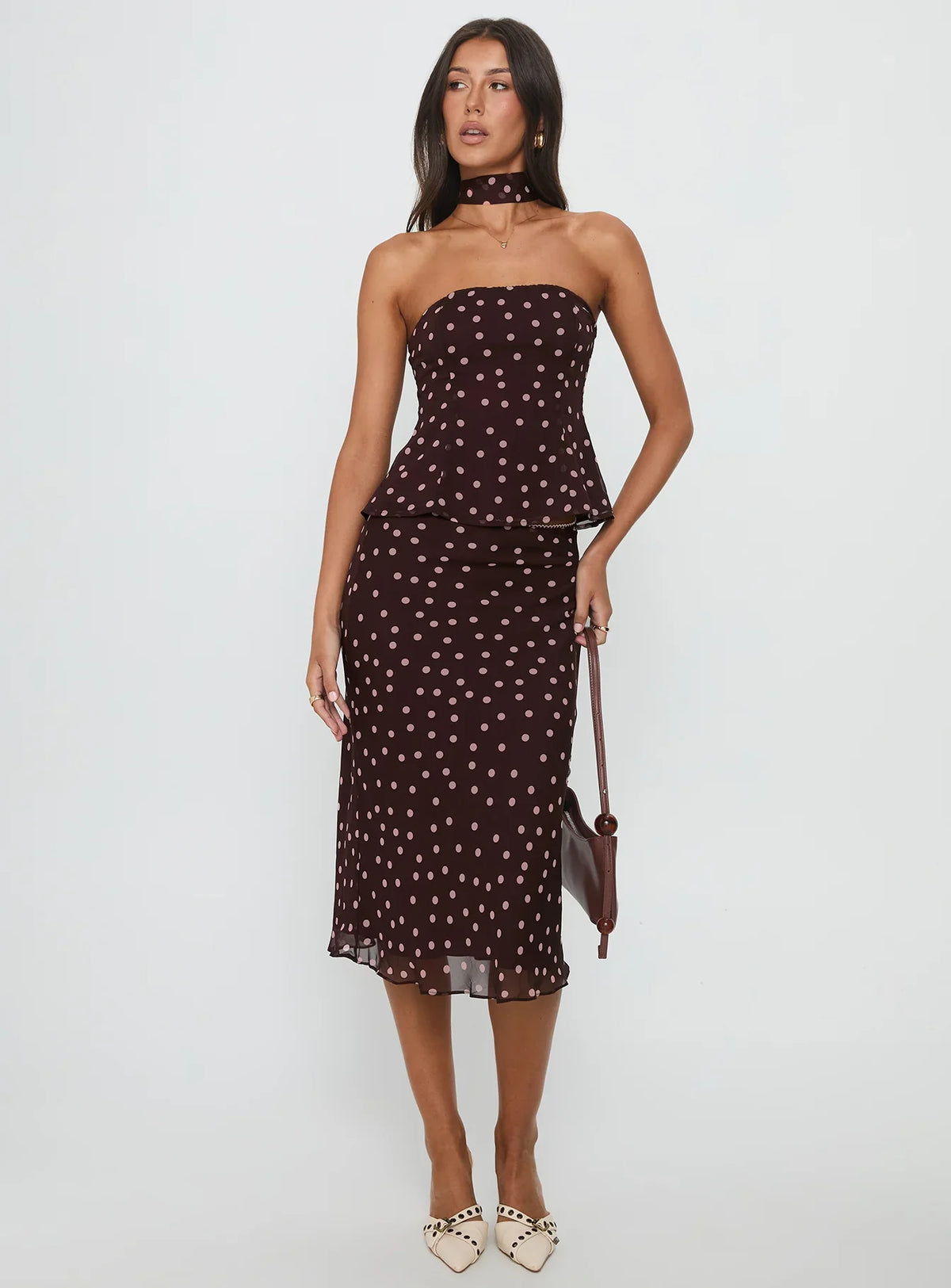 Sydni Midi Bias Cut Skirt Chocolate Pink Polka