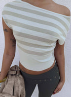 Vianne Cinched Waist Short Sleeve Knit Top Blue Grey Stripe