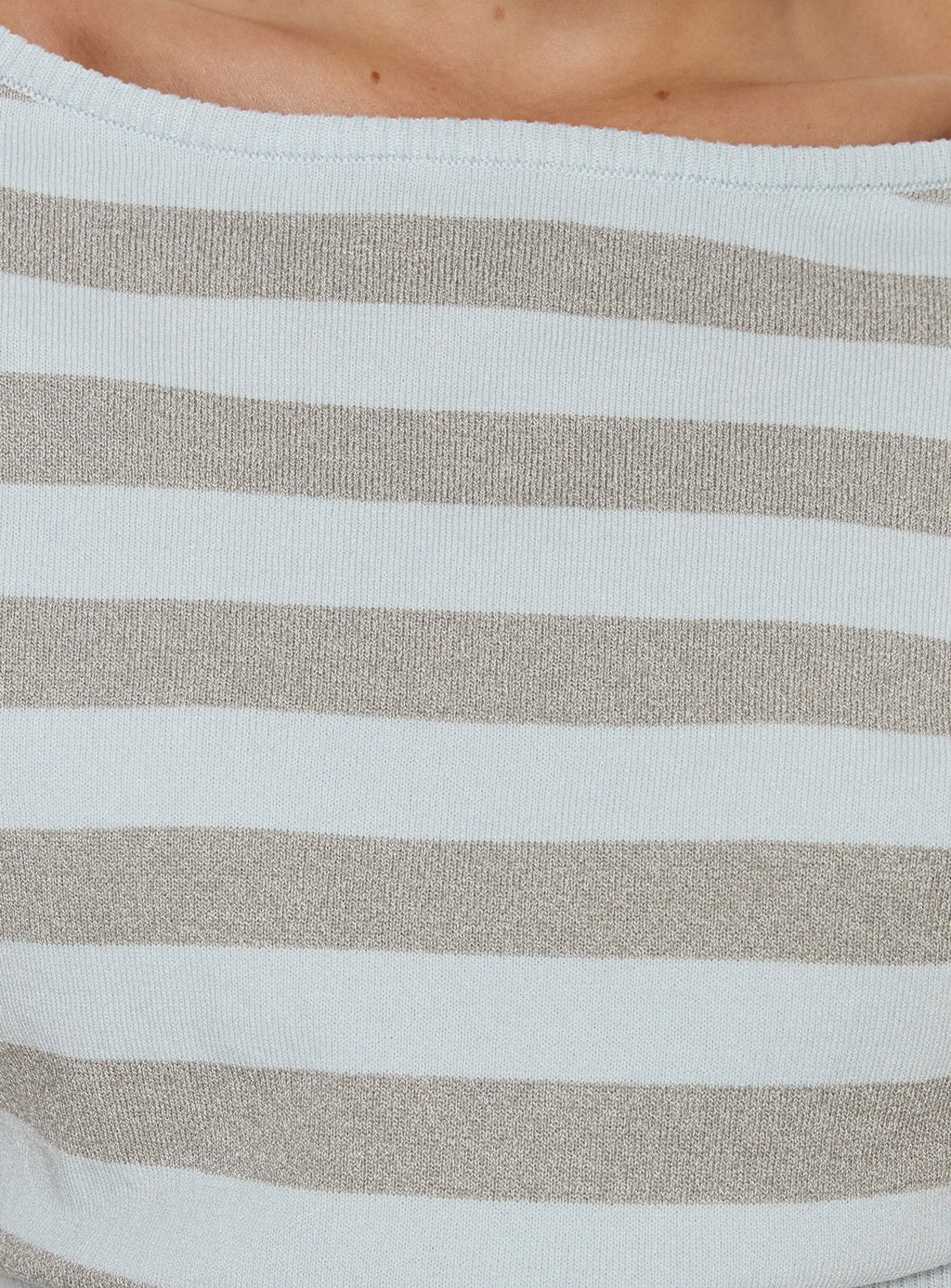 Vianne Cinched Waist Short Sleeve Knit Top Blue Grey Stripe
