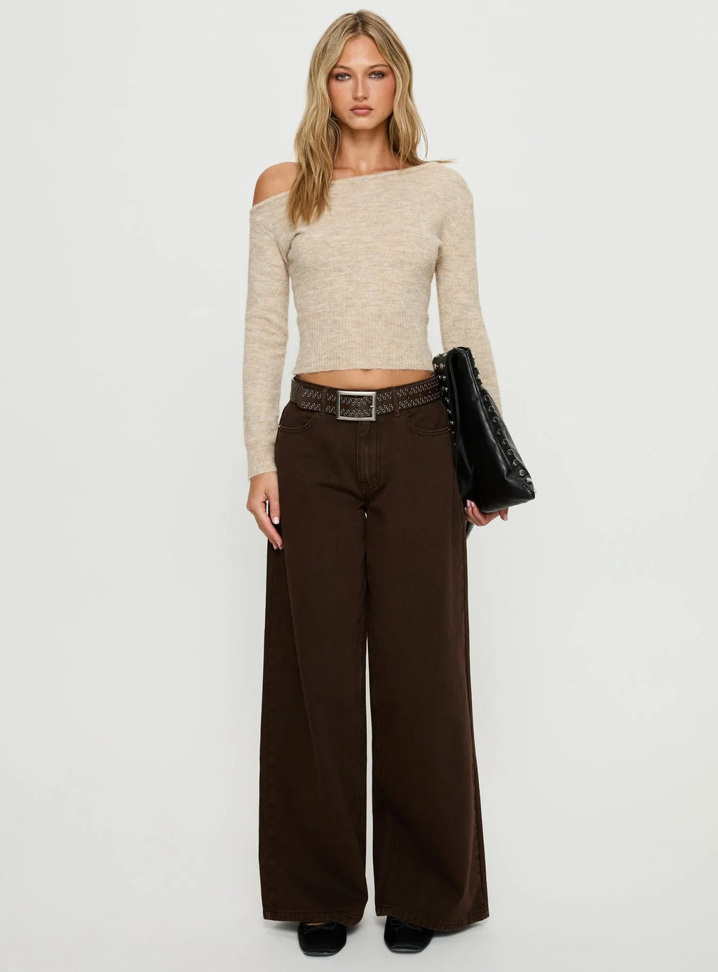 Selbey Fluffy Cinched Waist Off Shoulder Top Cream Marle