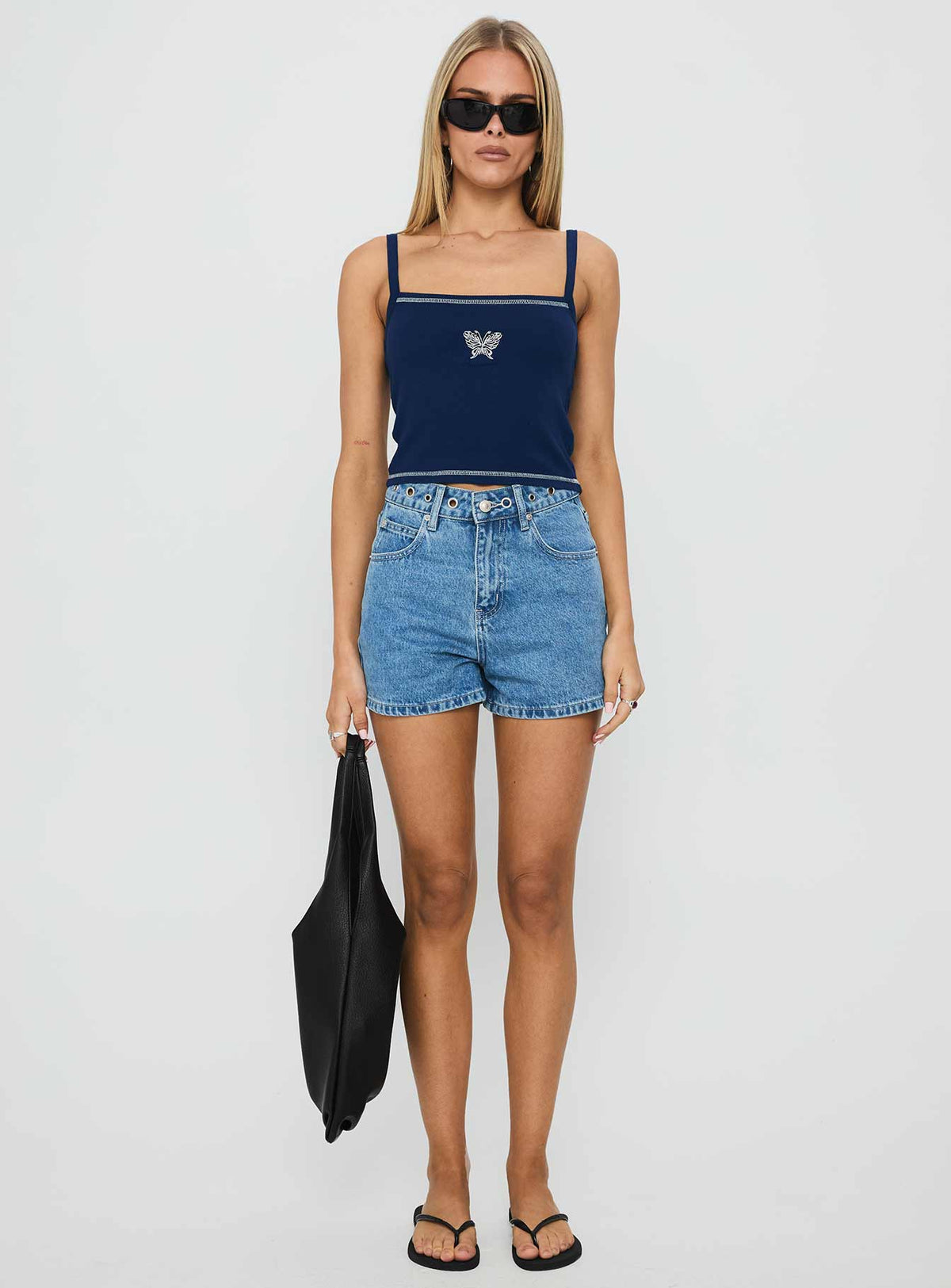 Tropicana Denim Eyelet Detail Shorts Mid Blue