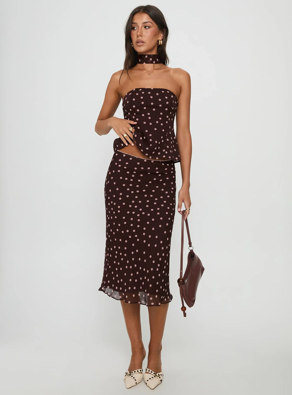 Sydni Midi Bias Cut Skirt Chocolate Pink Polka