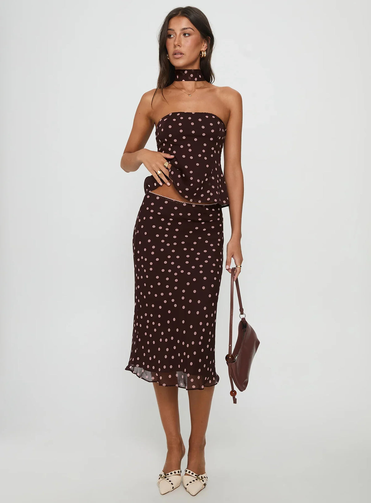 Sydni Midi Bias Cut Skirt Chocolate Pink Polka