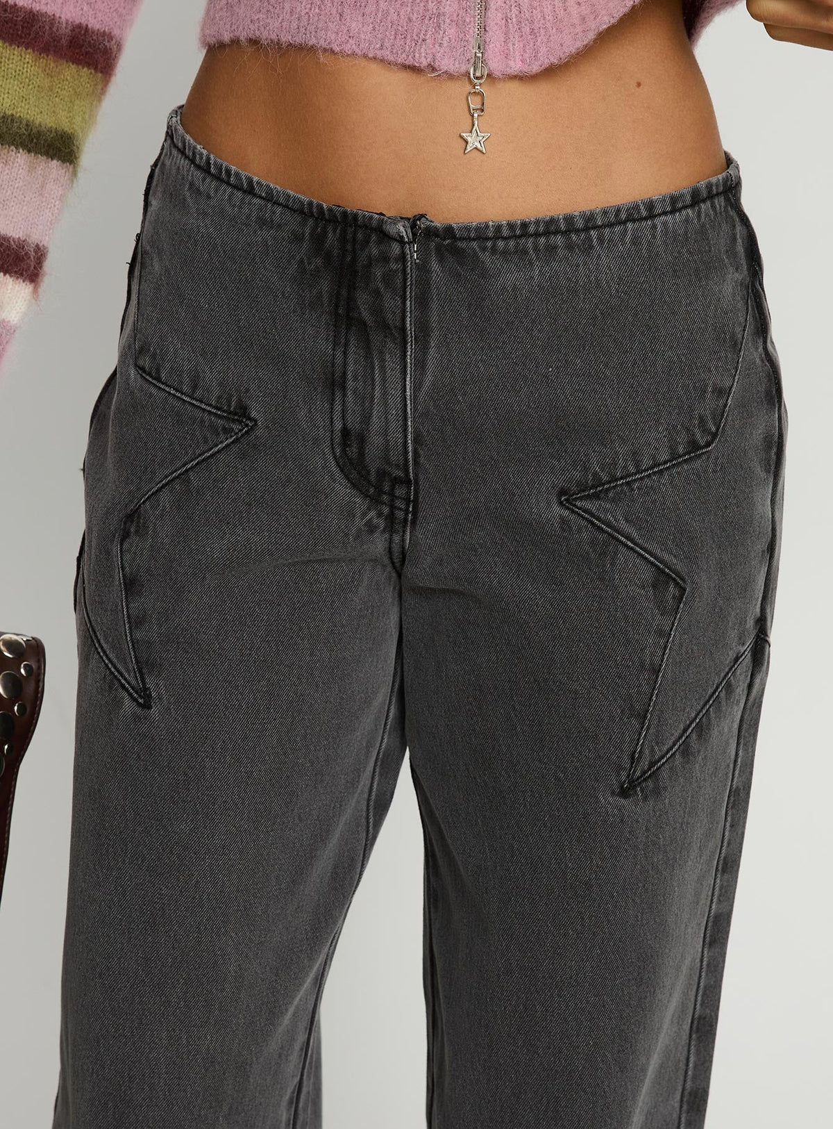 Dolley Star Stitch Mid Rise Wide Leg Jean Grey Wash
