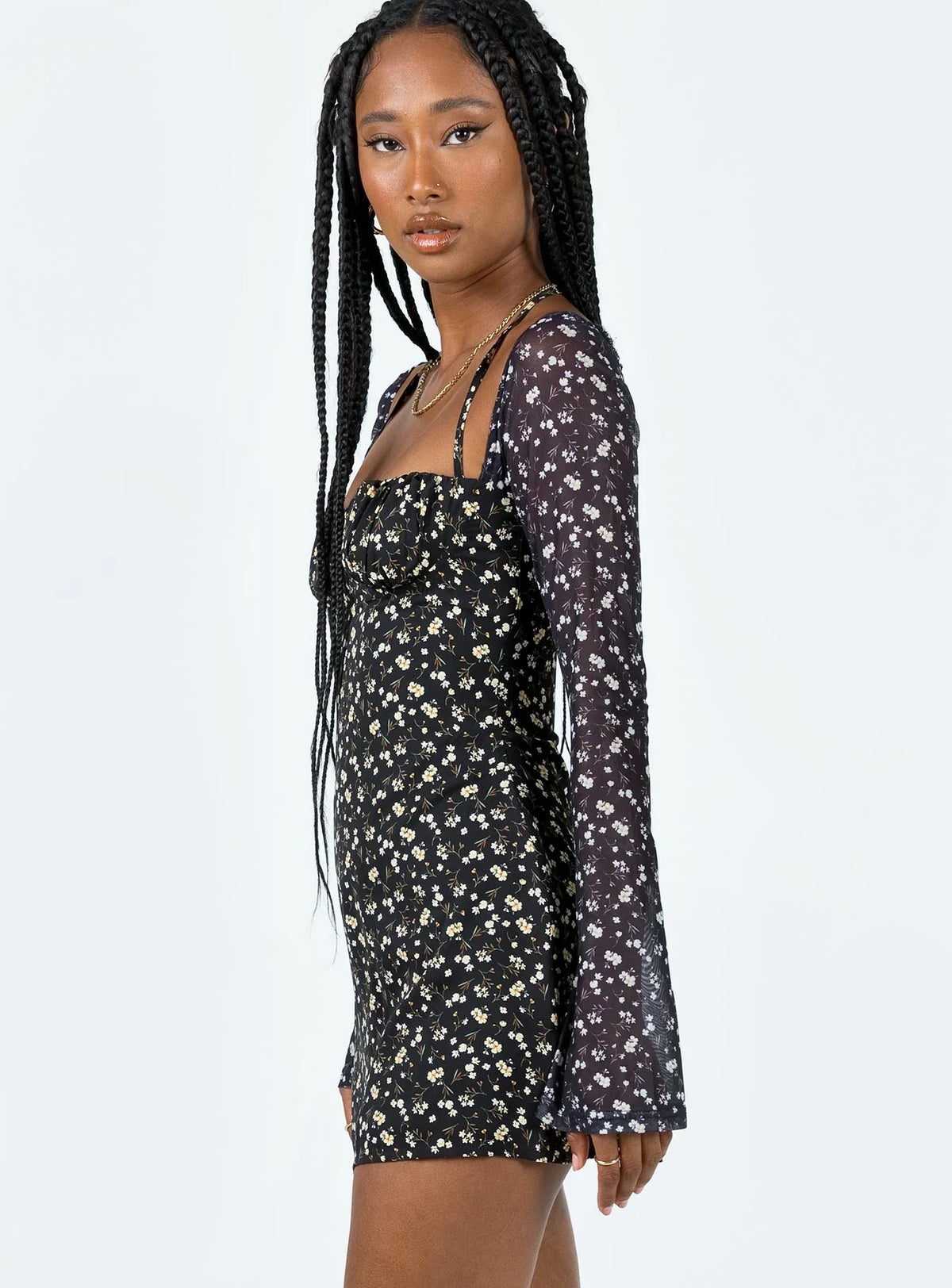 Dyer Sheer Sleeve Mini Dress Black Floral