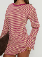 Lulolah Long Sleeve Mini Dress Lemon Burgundy Stripe