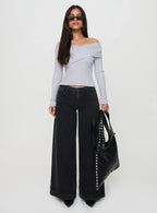 Ribbon Stamp Low Rise Wide Leg Jeans Washed Black