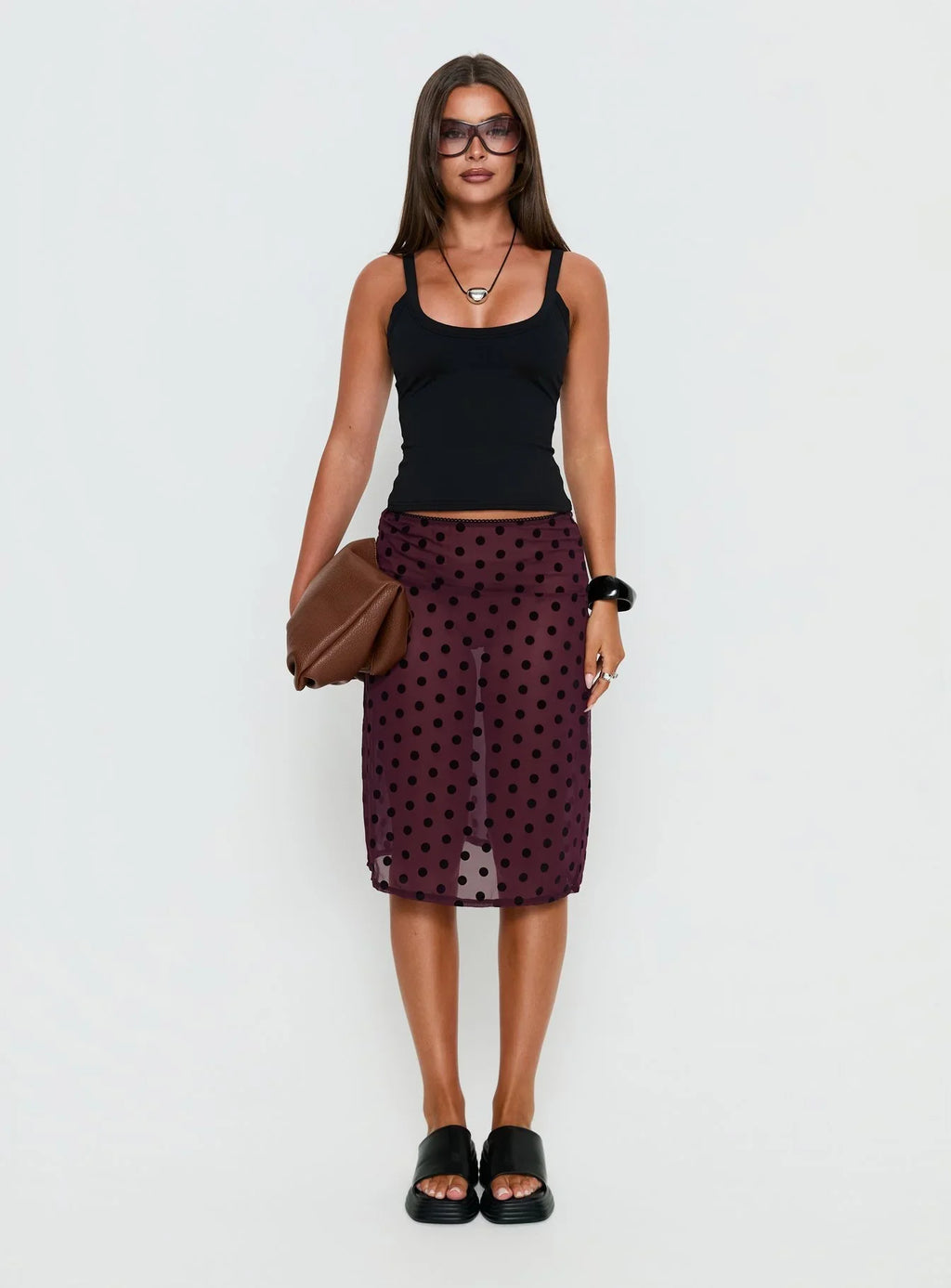 Evani Sheer Chiffon Midi Skirt Polka Maroon