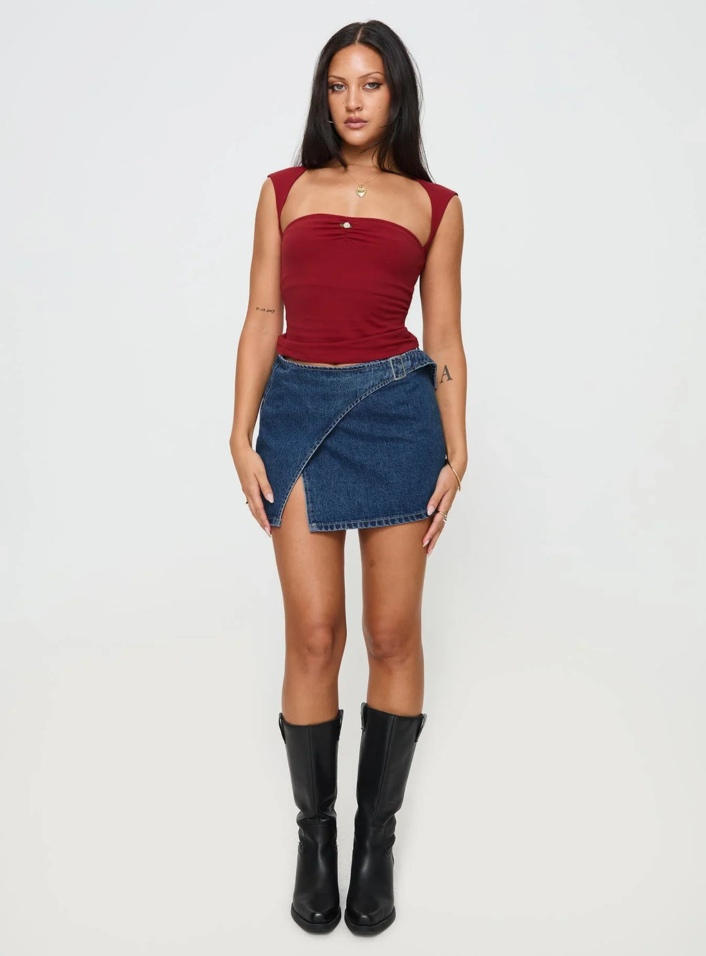 Wait Up Denim Wrap Mini Skirt Mid Wash