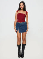 Wait Up Denim Wrap Mini Skirt Mid Wash