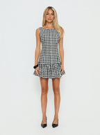 Kolbie Boat Neck Frill Mini Dress Black White Check