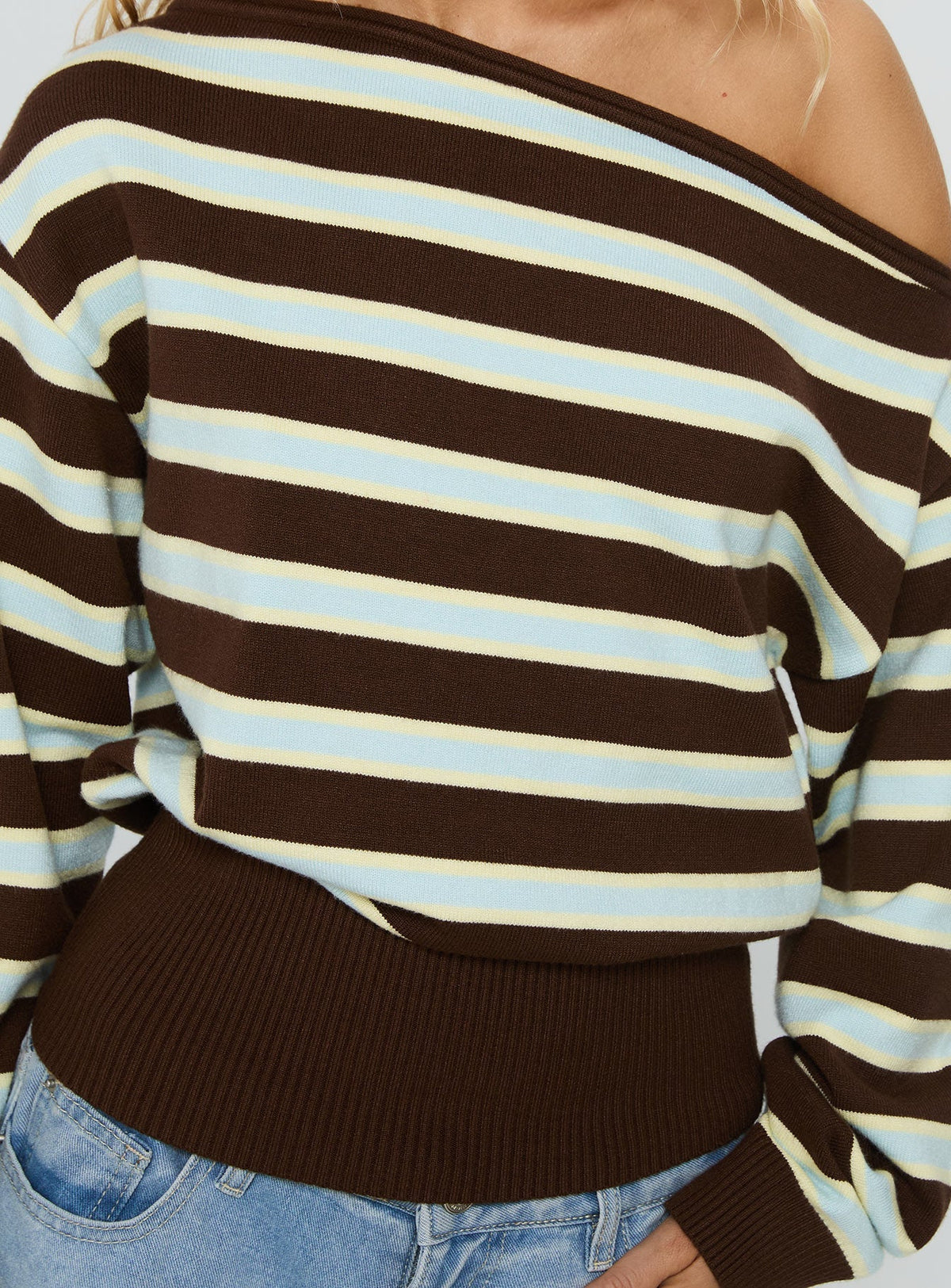 Zinia Off Shoulder Knit Sweater Brown Blue Stripe