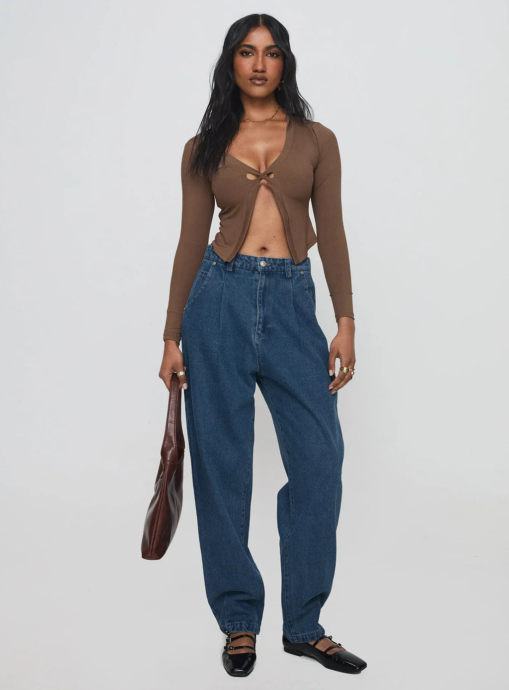 Forestier Mid Rise Barrel Leg Pin Tuck Jeans Mid Blue