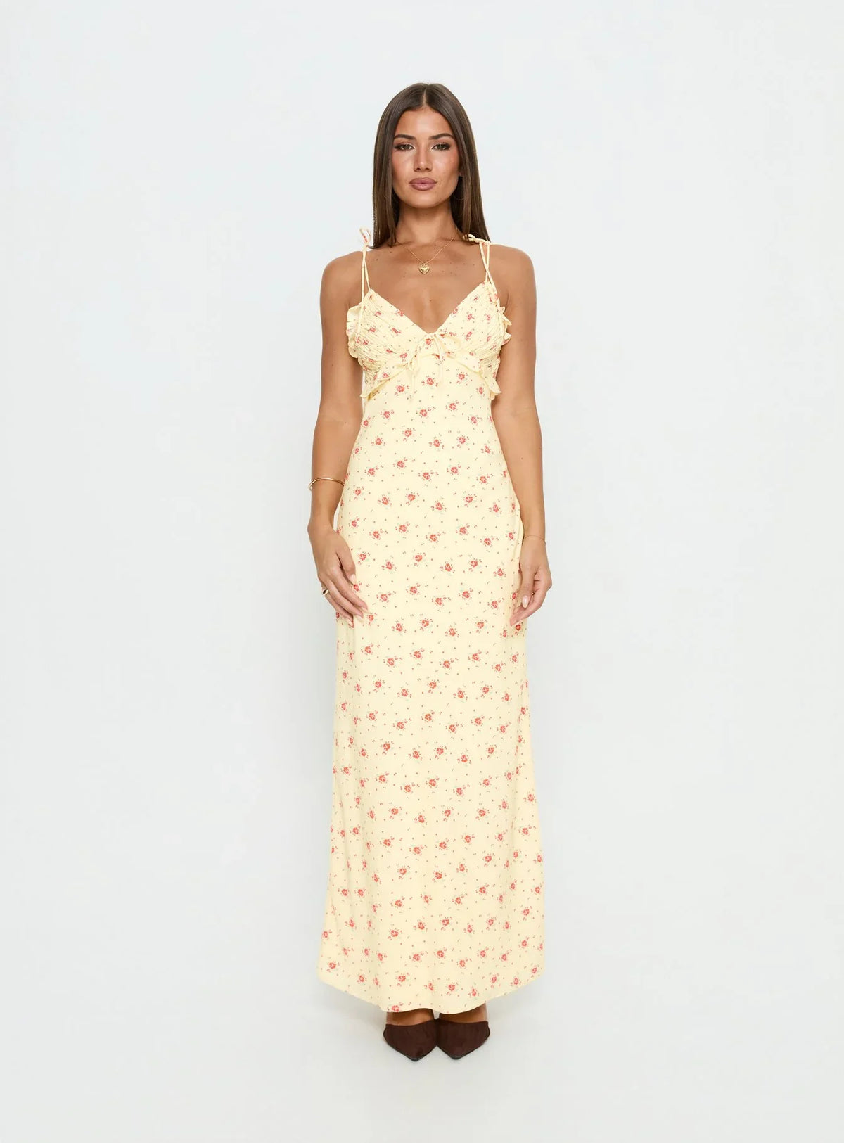 Morcar Frill V Neck Maxi Dress Yellow Floral