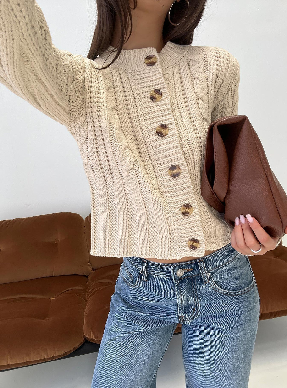 Donielle Cable Knit Cardigan Beige