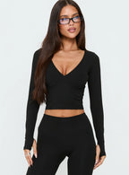New Horizons Long Sleeve V Neck Top Black