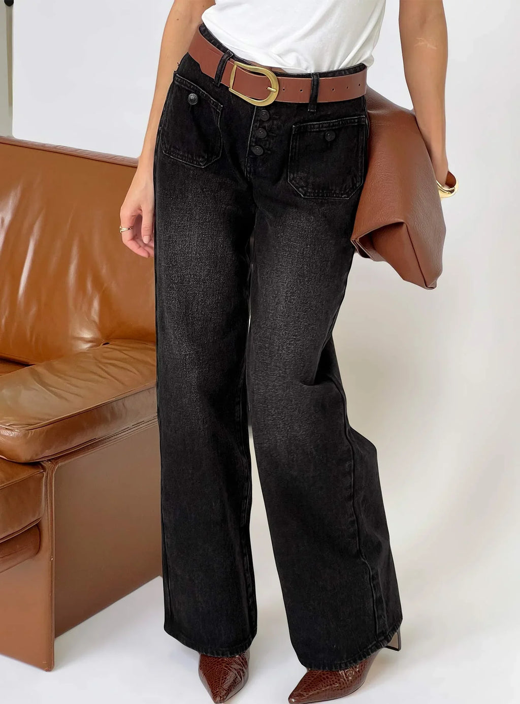 Carianne Low Rise Wide Leg Jeans Washed Black