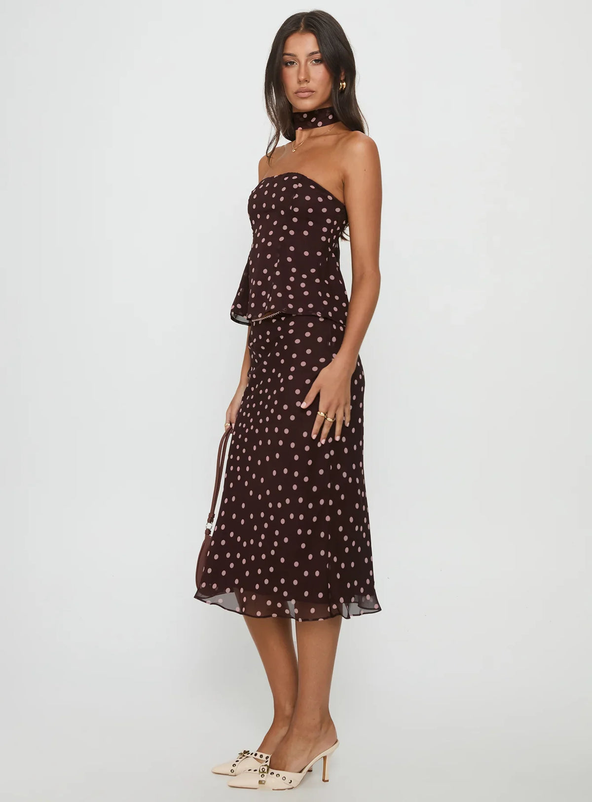 Sydni Midi Bias Cut Skirt Chocolate Pink Polka