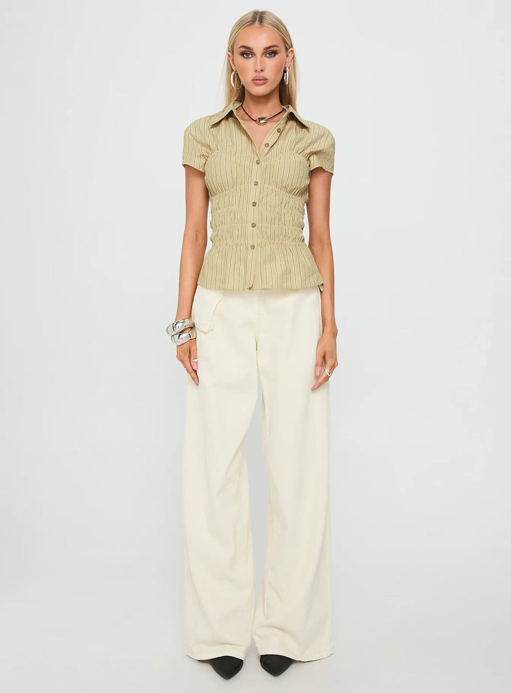 Liesel Shirred Short Sleeve Top Butter Stripe