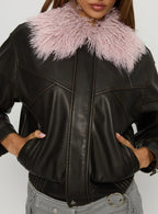 Brittanni Fluffy Collar Jacket Brown Pink