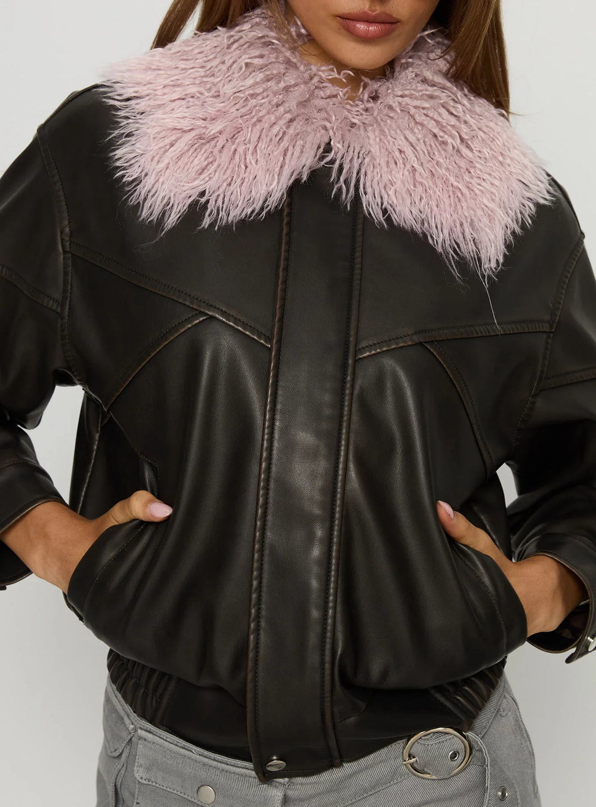 Brittanni Fluffy Collar Jacket Brown Pink