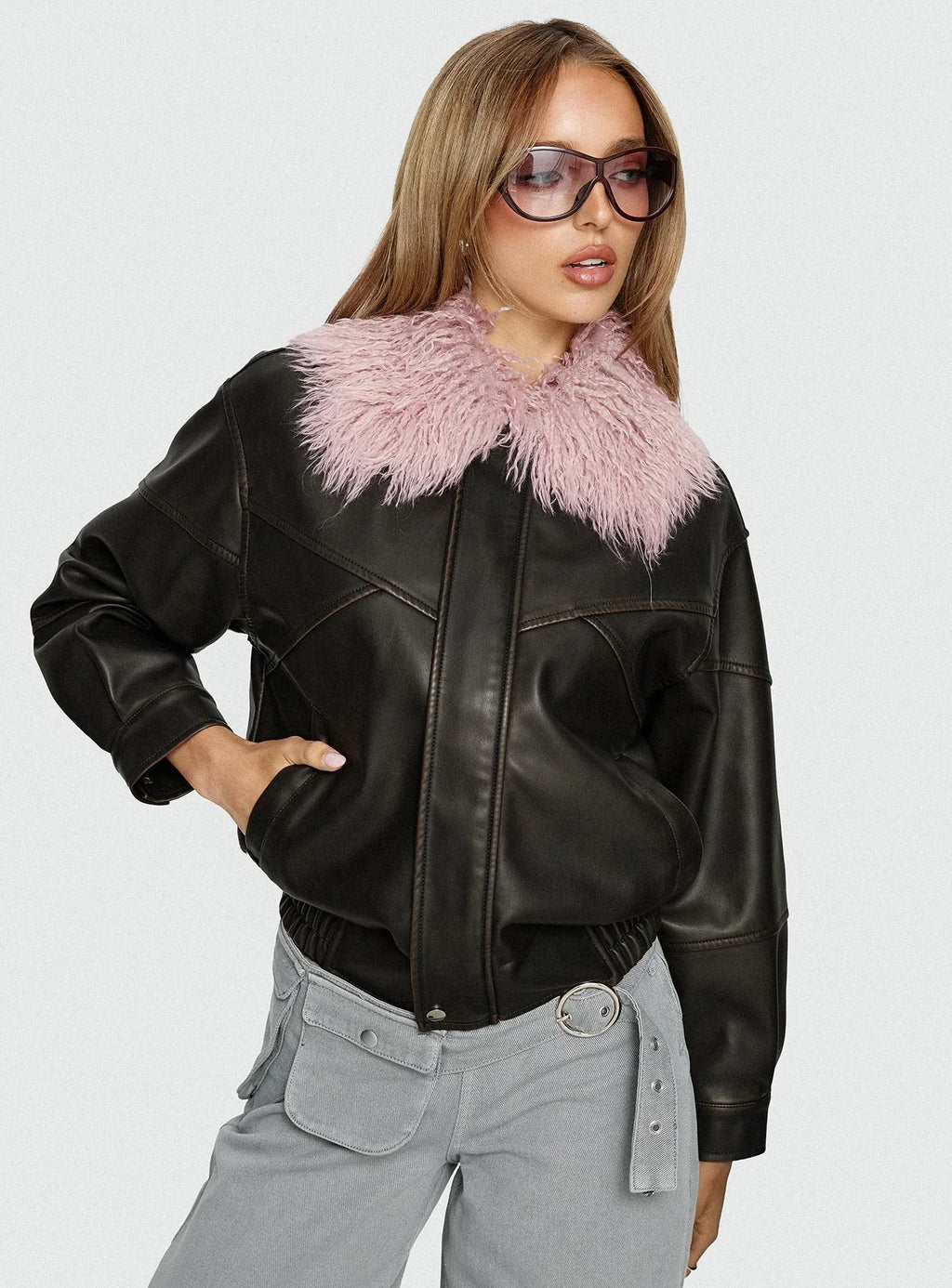 Brittanni Fluffy Collar Jacket Brown Pink