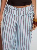 Silver Moon Linen Blend Tie Pants Blue Maroon Stripe