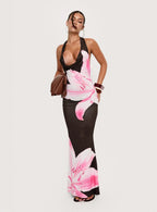 Kanara Halter Plunge Maxi Dress Chocolate Pink Floral