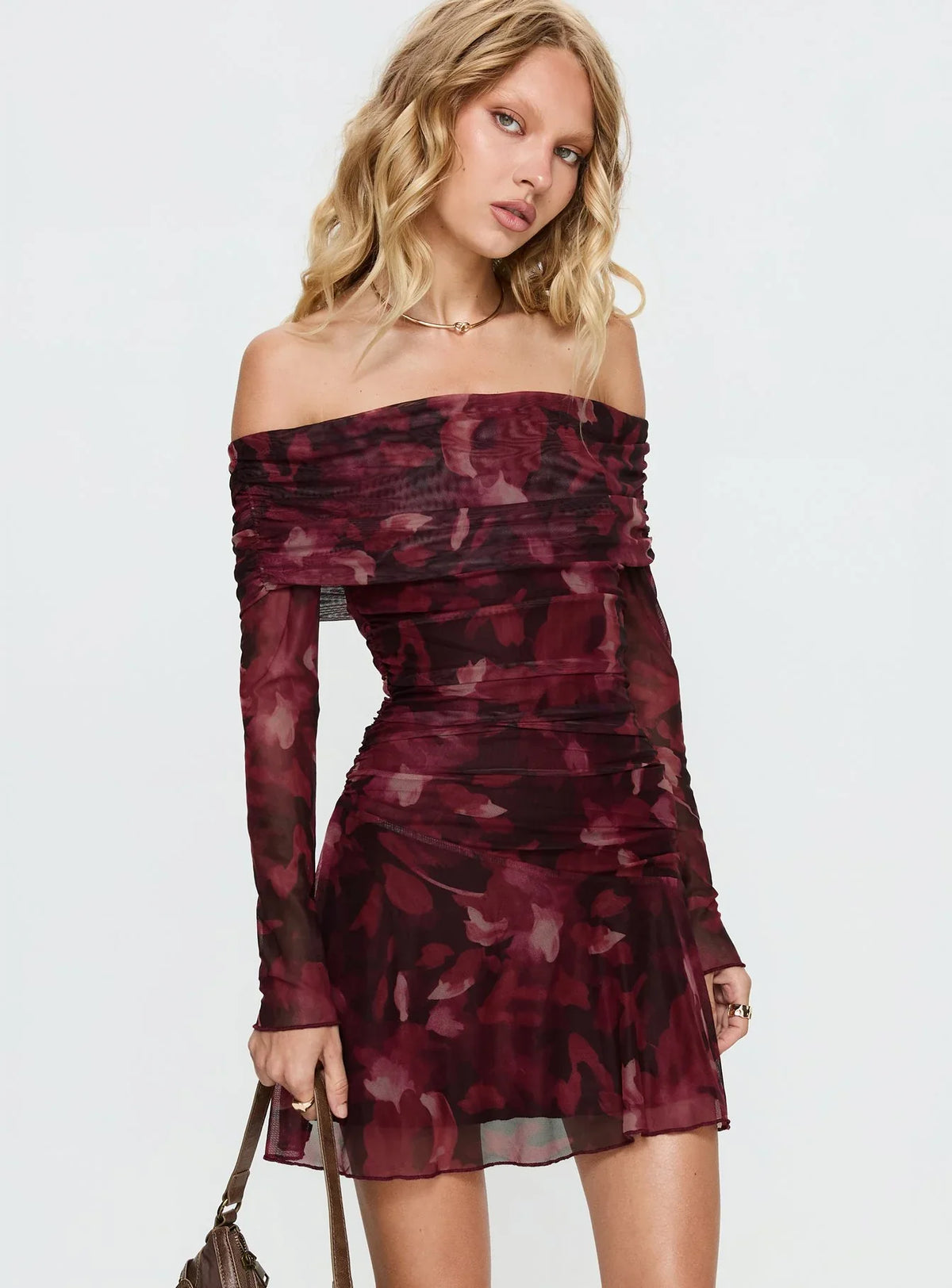 Marrissa Off Shoulder Long Sleeve Mini Dress Burgundy Floral