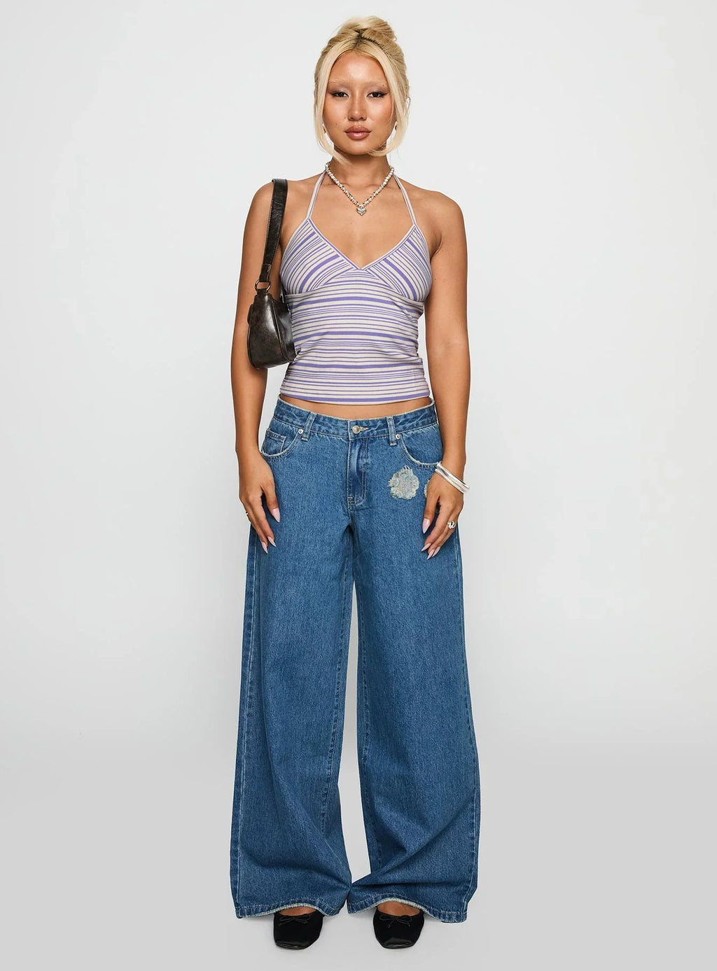 A Keeper Flower Patch Low Rise Wide Leg Jeans Mid Blue