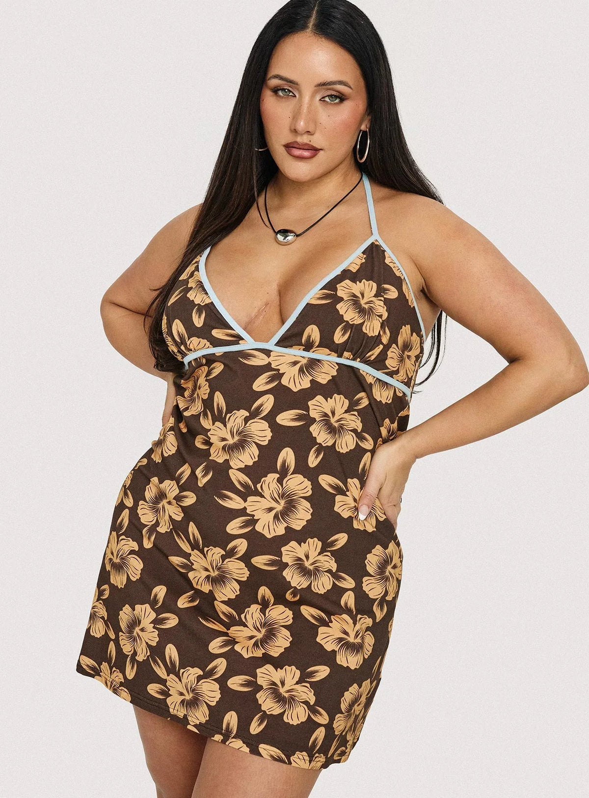 Mishie Halter Mini Dress Brown Blue Floral Curve