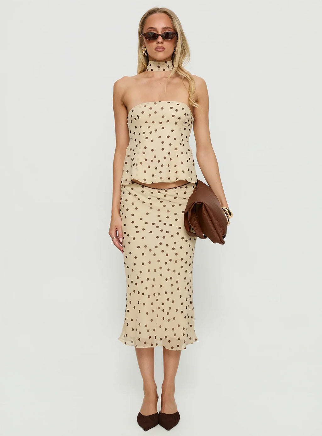 Sydni Midi Bias Cut Skirt Yellow Chocolate Polka