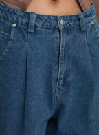 Forestier Mid Rise Barrel Leg Pin Tuck Jeans Mid Blue