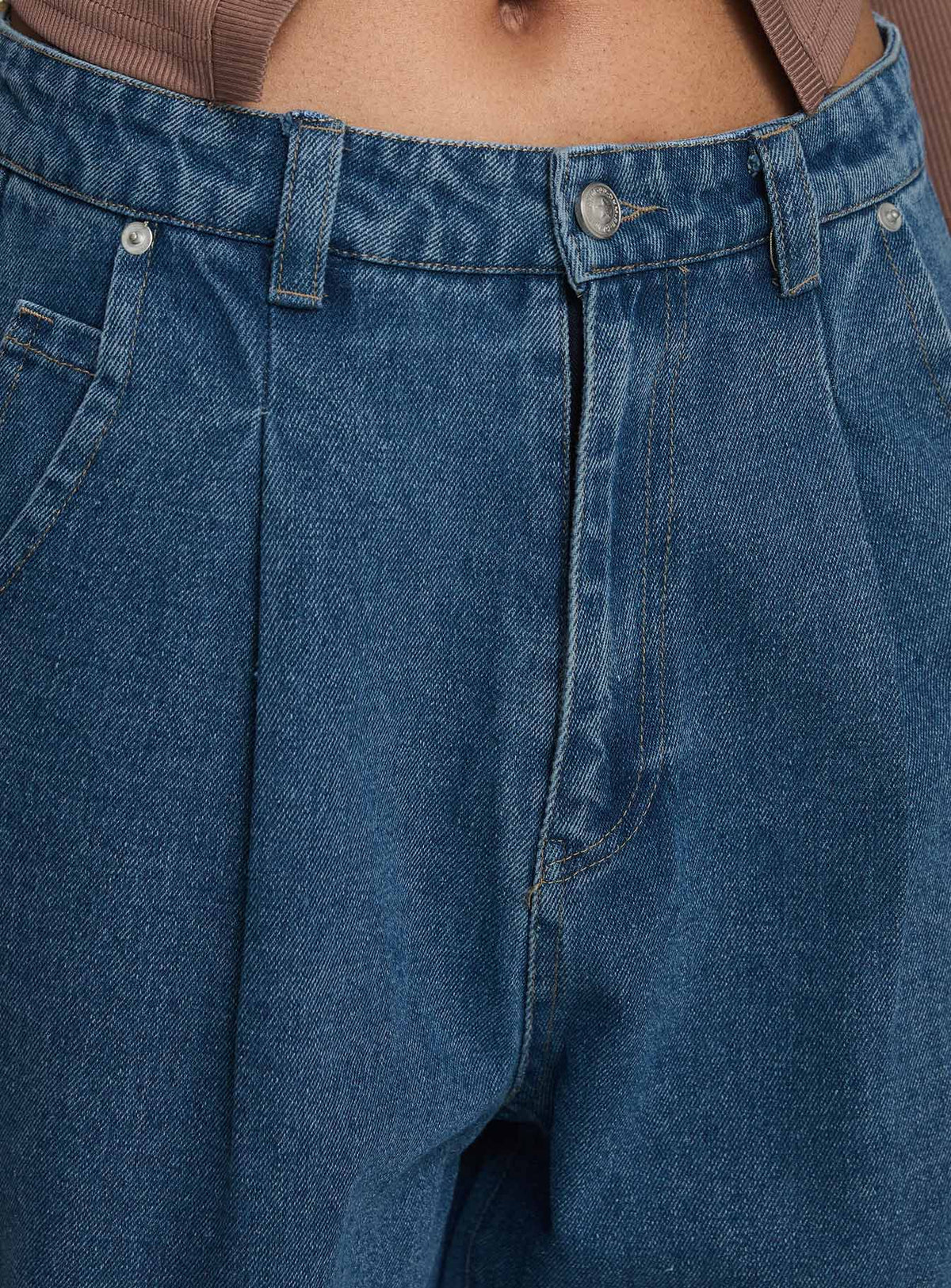 Forestier Mid Rise Barrel Leg Pin Tuck Jeans Mid Blue