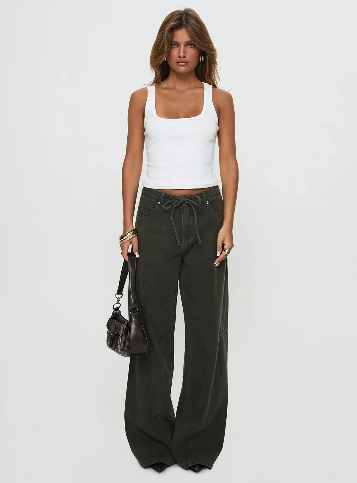 Bruiser Tie Waist Mid Rise Wide Leg Jeans Green